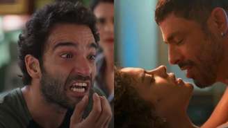 Afonso (Humberto Carrão), Fátima (Bella Campos) e César (Cauã Reymond) de Vale Tudo