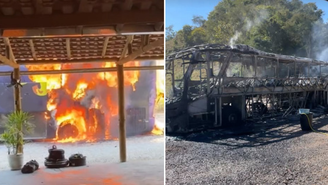 Ônibus ficou totalmente destruído após o incêndio