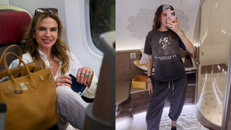 Luciana Gimenez mostra detalhes de como é tomar banho na primeira classe de um avião