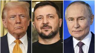 Montagem com as fotos dos presidentes dos Estados Unidos, Donald Trump, à esquerda; da Ucrânia, Volodymyr Zelensky (centro) e da Rússia, Vladimir Putin (à direita).
