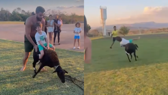 Henrique, da dupla com Juliano, coloca o filho em cima de cabra