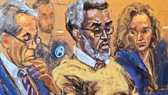 Ilustração de Diddy durante o julgamento — não são permitidas câmeras dentro do tribunal