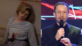 Odete (Debora Bloch) de Vale Tudo e Tiago Leifert no The Voice Brasil (Reprodução/TV Globo/SBT)