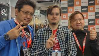 Esquerda: Hiroshi Nagaki, produtor de Double Dragon Revive; Direita: Hideyuki Anbe, chefe de tecnologia da Arc System Works