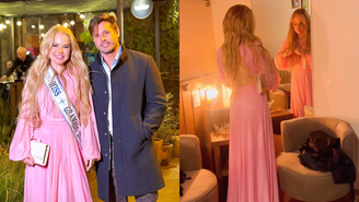 Dado Dolabella e namorada vão a jantar romântico; MIss Gramado usou faixa do concurso durante encontro