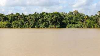 Arquipélago do Bailique, Macapá, Amapá, Brasil. Barco navega junto à margem do rio Amazonas, já muito próximo da sua foz. A região é considerada uma nova fronteira energética, com características geológicas semelhantes às da Guiana.