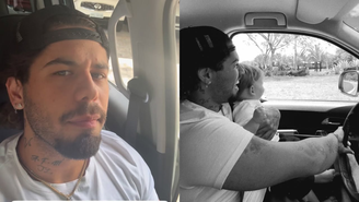 Zé Felipe dirige com o filho no colo