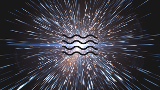 Ilustração de feixes de luz representando o cosmos, combinados com um símbolo de ondas
