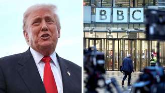 Colagem de fotos de Trump e da entrada da BBC