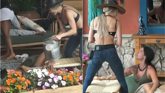 A Fazenda 17: Record mostra imagens de briga em que Saory machuca o braço de Rayane / Reprodução: Record