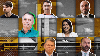 Colagem de fotos com o Congresso Nacional no fundo e fotos de Michelle, Jair, Flavio, Eduardo, Tarcísio, Jair Renan e Carlos Bolsonaro.