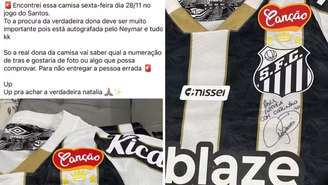 Torcedor fez publicação nas redes sociais procurando pela dona da camisa autografada por Neymar