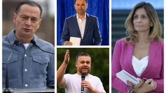 No sentido das agulhas do relógio, os candidatos Daniel Baluta, do Partido Social-Democrata (PSD), Ciprian Ciucu, aliado do primeiro-ministro liberal Ilie Bolojan, a favorita, a jornalista Anca Alexandrescu, de extrema direita, e Catalin Drula, representante do partido de centro-direita União Salve a Romênia.