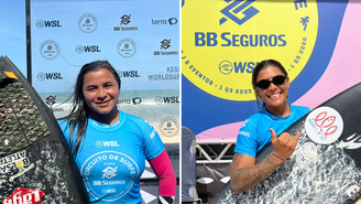 Mulheres quebram recordes e mandam 'chuva' de aéreos em etapa da WSL na Praia do Futuro. Juliana Santos e Larissa dos Santos (da esquerda para direita)