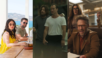 As séries 'Malice', 'Black Rabbit' e 'O Estúdio', da esquerda para a direita (Fotos: TMDB e Apple TV+)