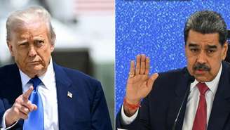 Esta combinação de fotos de arquivo, criada em 20 de setembro de 2025, mostra o presidente dos EUA, Donald Trump (à esquerda), na Base Aérea Conjunta Andrews, em Maryland, em 12 de maio de 2025; e o presidente da Venezuela, Nicolás Maduro, em Caracas, em 15 de setembro de 2025.