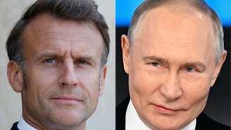 Fotomontagem com imagens de arquivo dos presidentes Emmanuel Macron (à esquerda) e Vladimir Putin.