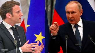 Fotomontagem dos presidentes Emmanuel Macron e Vladimir Putin, que não se falam desde julho.