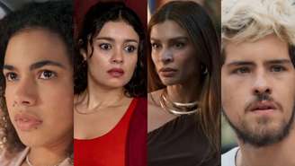 Joélly (Alana Cabral), Gerluce (Sophie Charlotte), Arminda (Grazi Massafera) e Raul (Paulo Mendes) de Três Graças (Reprodução/TV Globo)