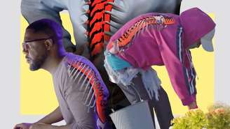 Imagem composta mostra três pessoas em posições diferentes, cada uma com sua espinha destacada em vermelho