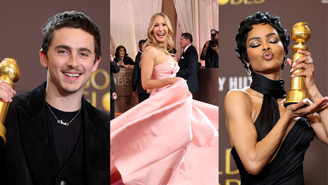 Da esquerda para a direita: Timothée Chalamet, Nikki Glaser e Teyana Taylor no Globo de Ouro 2026 (Fotos: Frazer Harrison/WireImage/Getty Images e Amy Sussman/Getty Images)