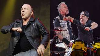 Bruce Dickinson, vocalista do Iron Maiden, e James Hetfield e Lars Ulrich, músicos do Metallica
