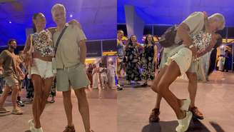 Tarcísio Filho se empolga e dá beijão na esposa em show no Rio