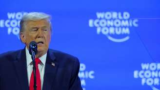 O presidente dos Estados Unidos, Donald Trump, durante discurso na reunião anual do Fórum Mundial Econômico de Davos, na Suíça, em 21 de janeiro de 2026.