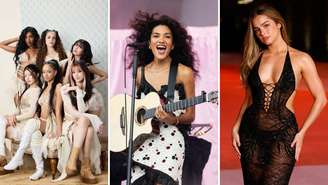 Da esquerda para a direita: Katseye (Daniela Avanzini, Lara Raj, Yoonchae Jeong, Sophia Laforteza, Megan Skiendiel e Manon Bannerman), Olivia Dean e Addison Rae (Fotos: Sara Jaye/Getty Images for Trü Frü, Samir Hussein/WireImage e Taylor Hill/WireImage)