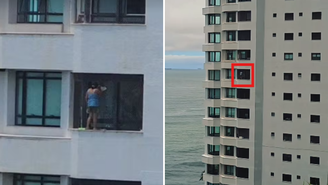 Mulher é filmada em pé em janela de prédio de luxo no Guarujá (SP)