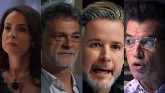 Zenilda (Andréia Horta), Rogério (Eduardo Moscovis), Ferette (Murilo Benício) e Téo Pereira (Paulo Betti) de Três Graças (Reprodução/TV Globo)