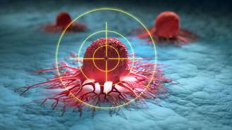Quase 10 milhões de pessoas morreram de câncer em 2020, segundo a OMS. Imagem de ilustração mostra três células cancerosas.