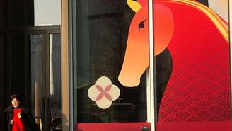 Uma mulher ao lado de uma janela que tem a imagem de um cavalo