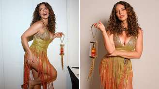 Vestido dourado com franjas e degradê com laranja foi a escolha de Paolla Oliveira