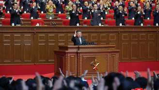 O líder norte‑coreano Kim Jong‑un, em 26 de fevereiro de 2026, durante o 9º congresso do Partido dos Trabalhadores da Coreia, em Pyongyang.