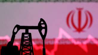 A ilustração mostra a bandeira iraniana com uma bomba de petróleo. Teerã usa o óleo e o gás em sua estratégia de guerra.