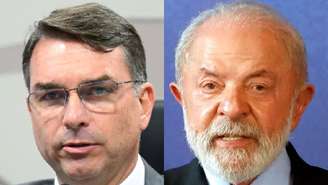 Montagem com fotos do senador Flávio Bolsonaro (PL-RJ) e do presidente Lula (PT)