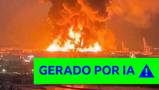 Uma imagem que parece mostrar uma grande explosão com um rótulo verde “gerado por IA”