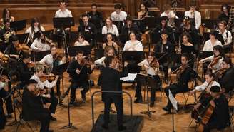 Jhony Santos (embaixo, à esquerda) se apresentando como violinista principal em Paris