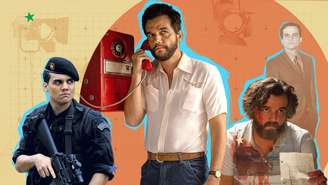 Ilustração mostra papéis que marcaram a carreira de Wagner Moura: da esq. para dir., o capitão Nascimento (Tropa de Elite), o professor Armando (O Agente Secreto), o narcotraficante Pablo Escopar (Narcos) e o executivo Olavinho (Paraíso Tropical)