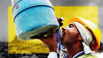 Imagem composta de um homem usando um capacete e uma bandana bebendo de um recipiente. Ao fundo, vemos uma imagem separada com fumaça subindo devido a um ataque com míssil.