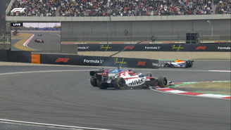 Após saída dos boxes, Ocon e Colapinto se chocam nas primeiras curvas do traçado chinês, resultando em punição para a Haas