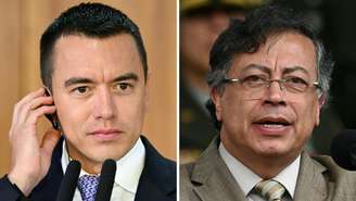 O presidente equatoriano Daniel Noboa (à esquerda), em 18 de agosto de 2025, e o presidente colombiano Gustavo Petro (à direita), em 13 de novembro de 2025.