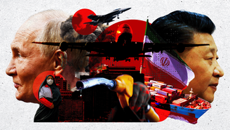 Imagem gráfica da BBC mostra o presidente russo, Vladimir Putin, e seu homólogo chinês, Xi Jinping, olhando em direções opostas. Eles são divididos por uma fotomontagem ilustrando uma bomba de petróleo, navio porta-contêineres, porta-aviões, jato de passageiros, uma mulher e uma bandeira do Irã e uma coluna de fumaça preta