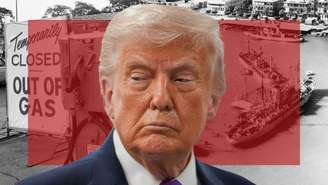 Imagem composta do presidente americano Donald Trump à frente e fotografias em preto e branco ao fundo, com o canal de Suez bloqueado por navios em 1956 e um cartaz da crise do petróleo de 1973, mostrando um posto de gasolina sem combustível