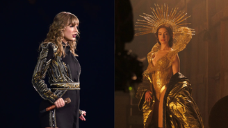 À esquerda, Taylor Swift na Reputation Tour em 2018