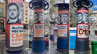 Cartazes financiados pelo partido Fidesz de Viktor Orbán, com o objetivo de desacreditar o candidato Péter Magyar, estão por toda parte nas ruas de Budapeste.