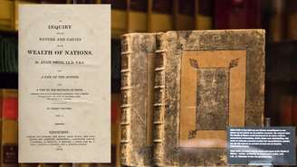 Exemplar da primeira edição de A Riqueza das Nações, exibido na biblioteca da Câmara dos Deputados holandesa na cidade de Haia. Ele foi encontrado por acaso no ático do edifício.
