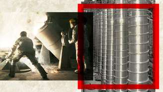 Montagem mostra cientistas em uma usina nuclear manuseando um líquido muito quente e diversas centrífugas