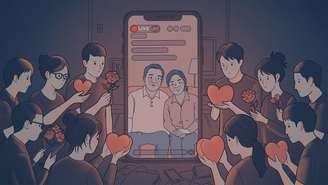 Ilustração de um casal transmitindo ao vivo no seu canal de rede social, rodeado por jovens com aparência triste, acenando com flores e corações para os influenciadores